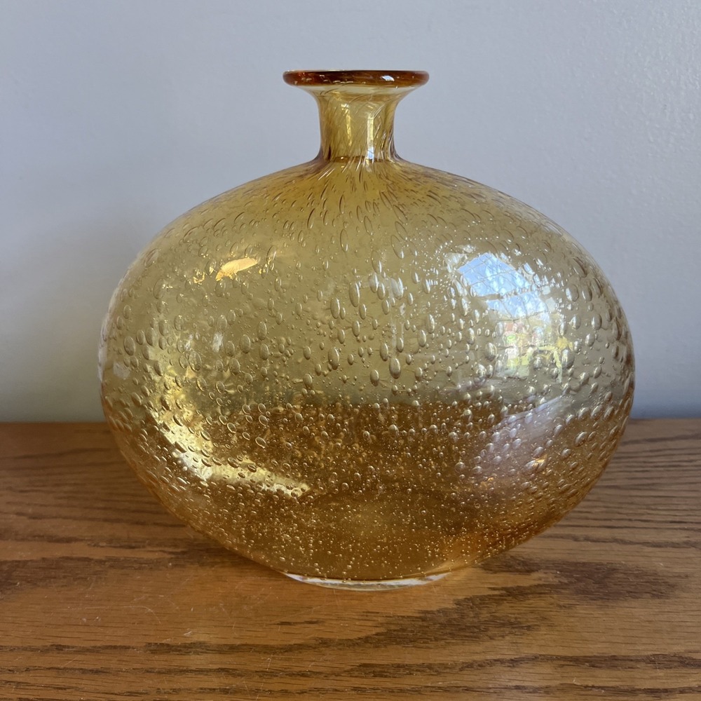Vintage Bubble Glass Vase Amber Yellow Art Glass Contemporary MCM